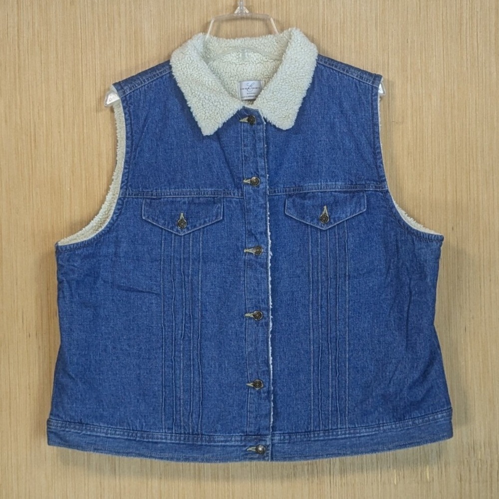 Emma James Liz Clairborne Womens 2X Blue‎ Denim Sherpa Lined Vest Western Retro